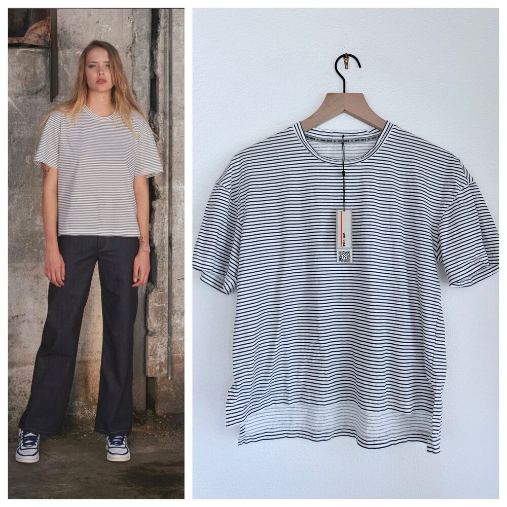 NEW we-ar4 Women's Uneven Tee in Navy & White Stripe Stretch Cotton Size Small